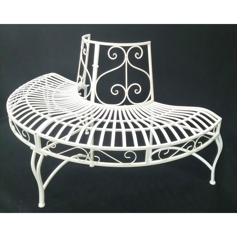 Elegant White Iron Semi-Circle Outdoor Bench