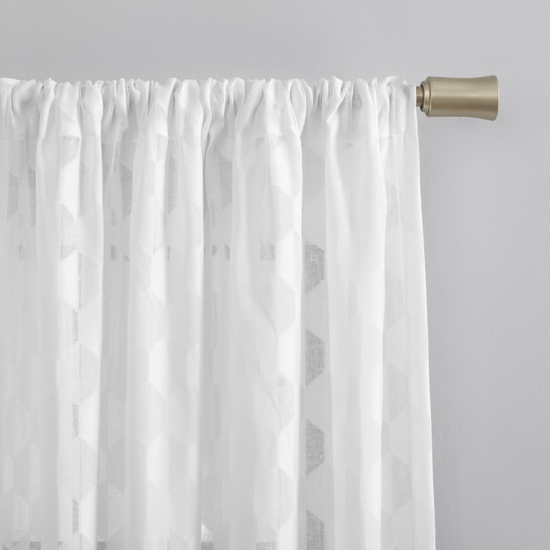 White Geometric Clipped Jacquard Light-Filtering Rod Pocket Curtain Panel