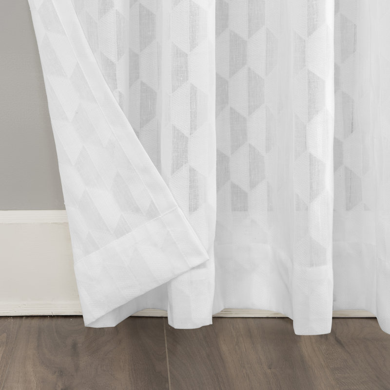White Geometric Clipped Jacquard Light-Filtering Rod Pocket Curtain Panel