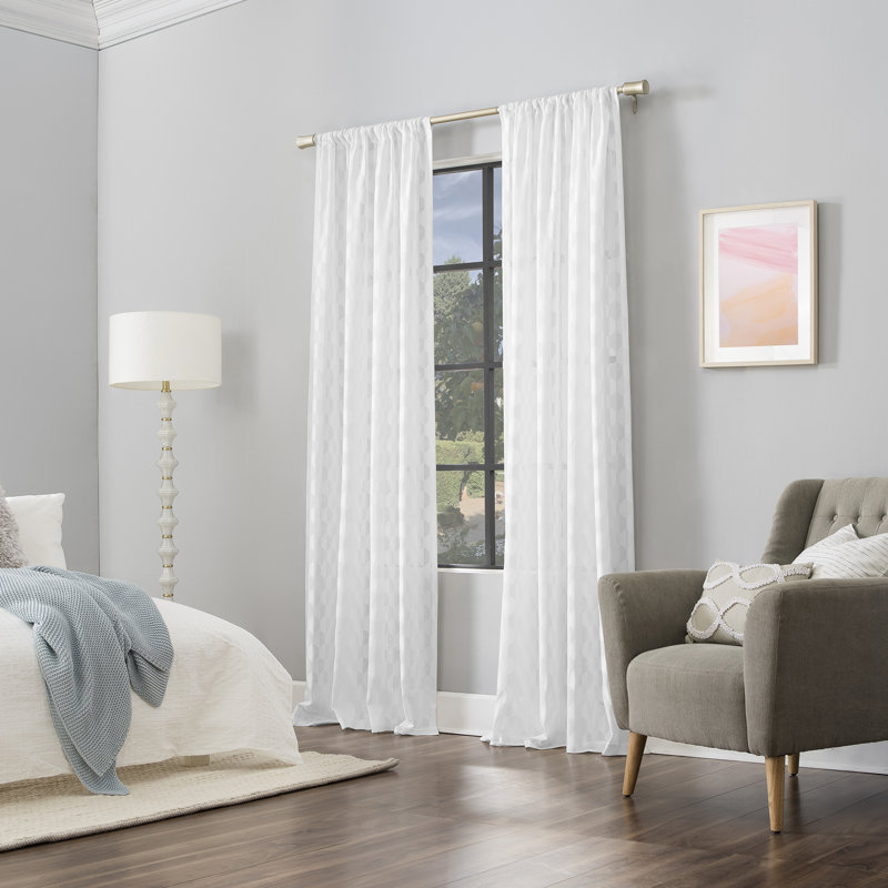 White Geometric Clipped Jacquard Light-Filtering Rod Pocket Curtain Panel