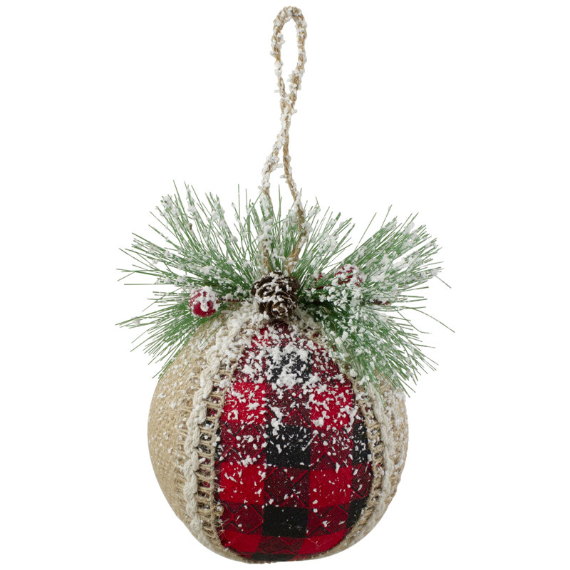 Red and Black Plaid Burlap Christmas Ball Ornament with Pine Accents