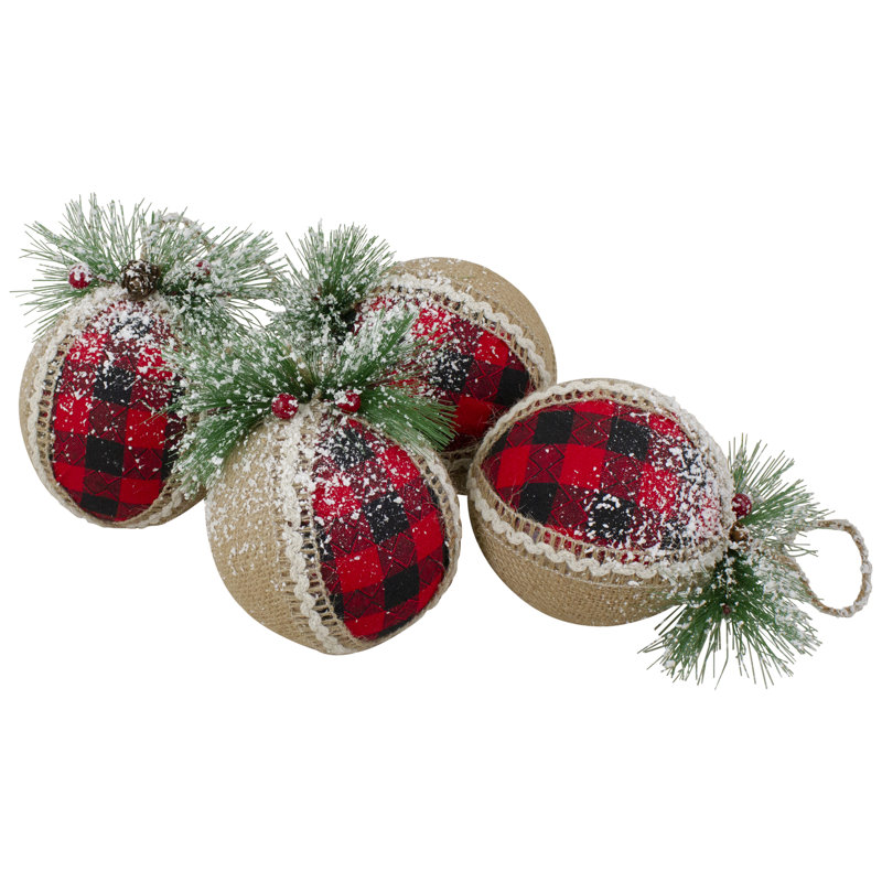 Red and Black Plaid Burlap Christmas Ball Ornament with Pine Accents
