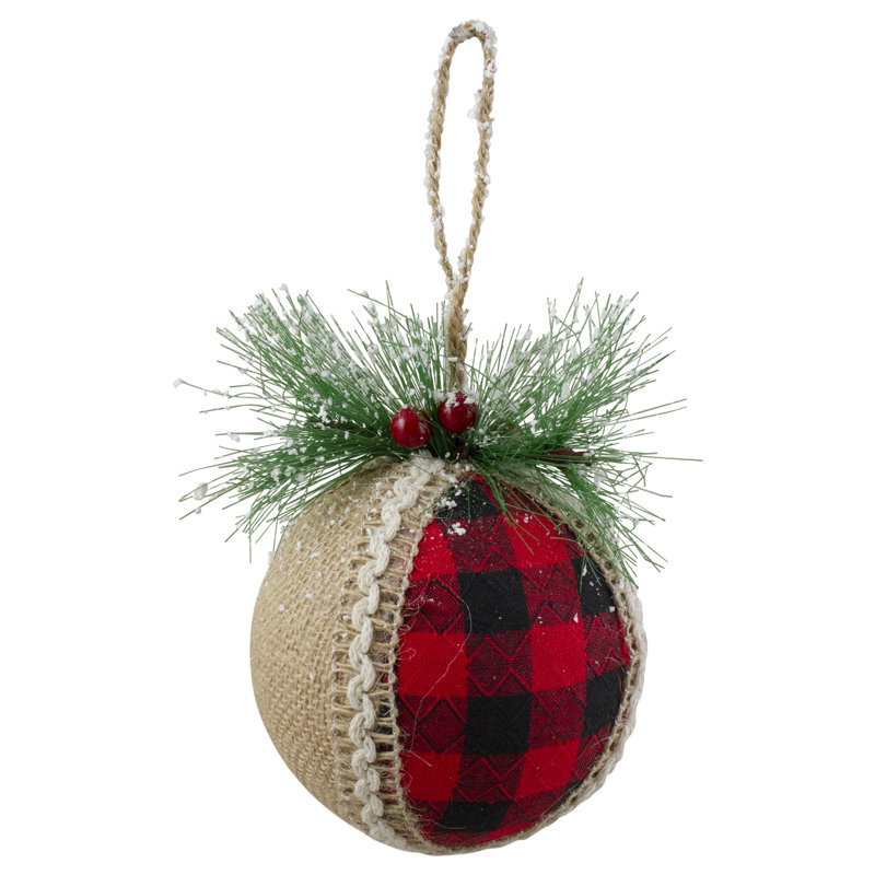 Red and Black Plaid Burlap Christmas Ball Ornament with Pine Accents