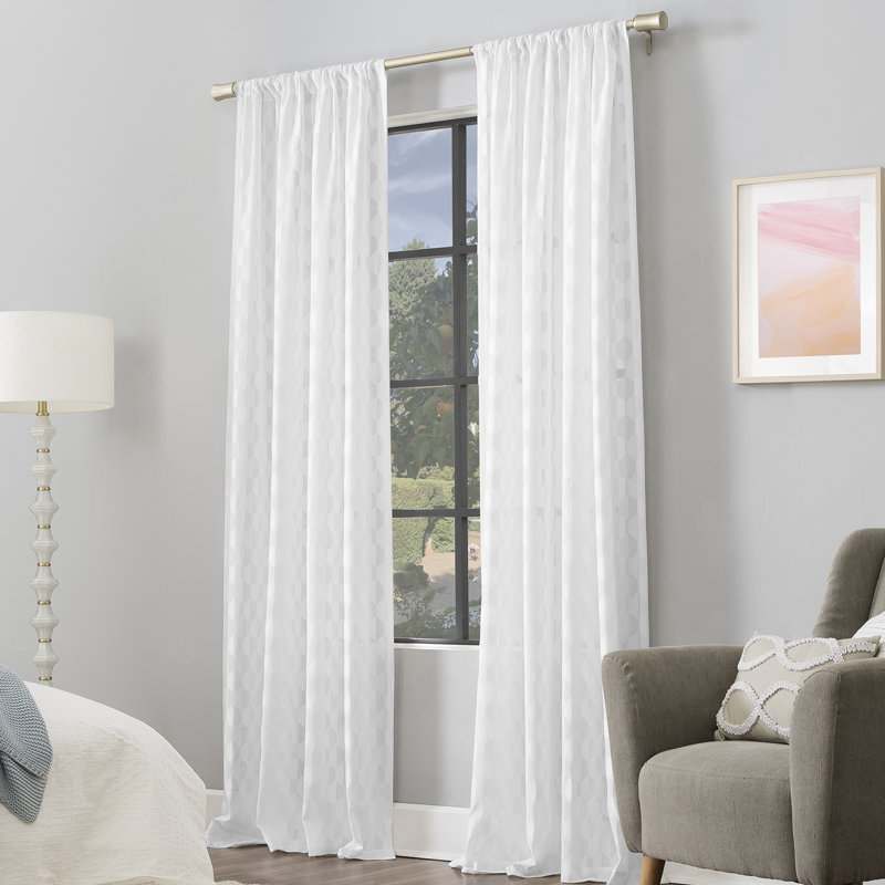 White Geometric Clipped Jacquard Light-Filtering Rod Pocket Curtain Panel