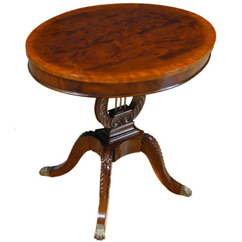 Elegant Lyre-Inspired 30'' Round Mahogany and Brass Table Lamp