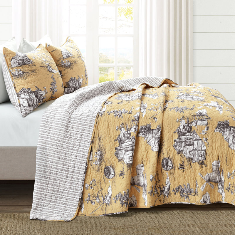 French Country Toile Yellow & White Cotton Full Quilt Set