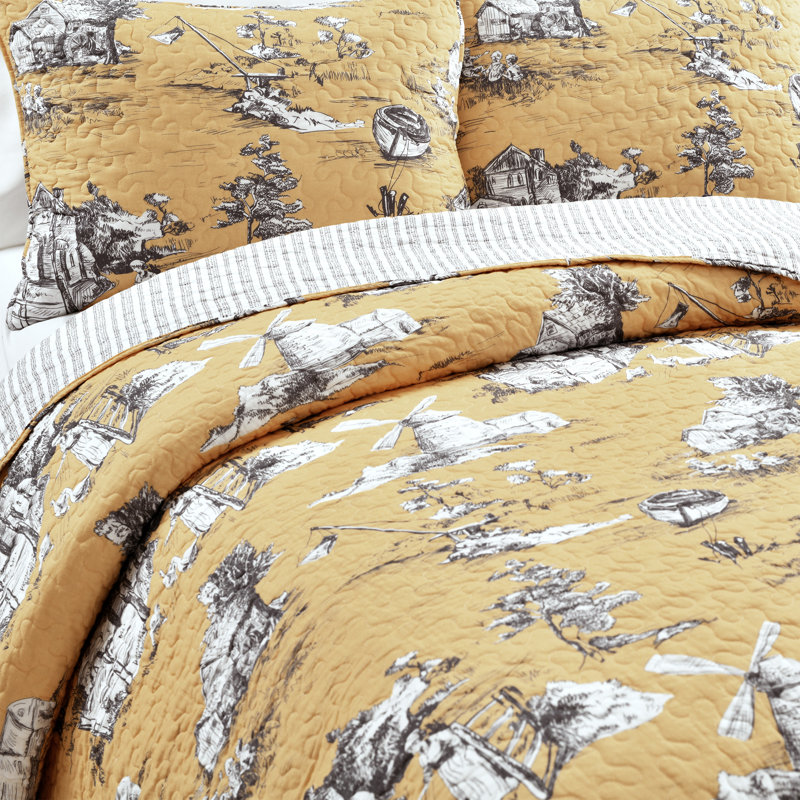 French Country Toile Yellow & White Cotton Full Quilt Set