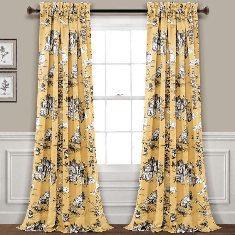 Yellow and Gray French Country Toile Blackout Curtains, 52" x 84"