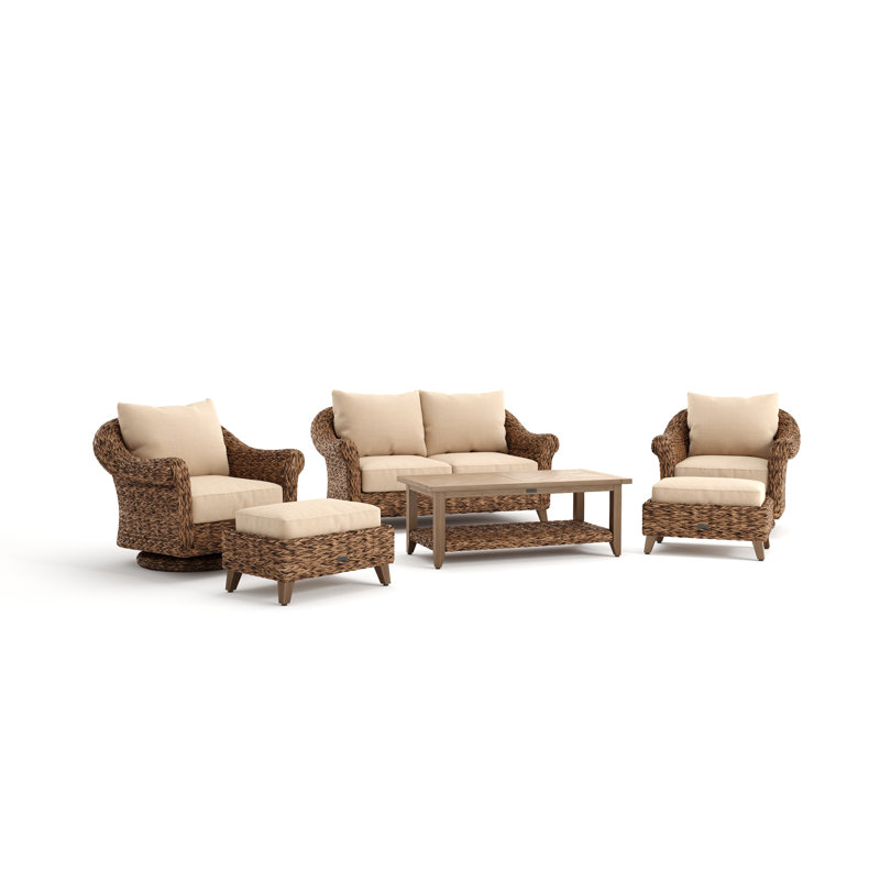 Heritage Brown Wicker 6-Piece Outdoor Seating Set with Beige Cushions