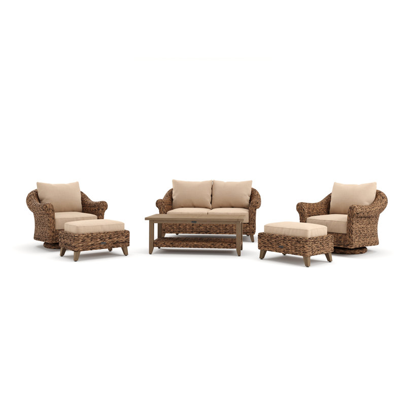 Heritage Brown Wicker 6-Piece Outdoor Seating Set with Beige Cushions