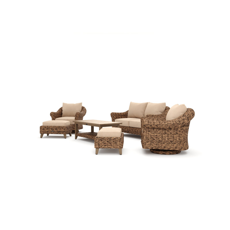 Heritage Brown Wicker 6-Piece Outdoor Seating Set with Beige Cushions