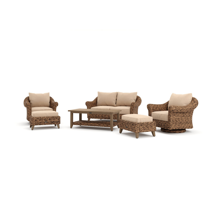 Heritage Brown Wicker 6-Piece Outdoor Seating Set with Beige Cushions