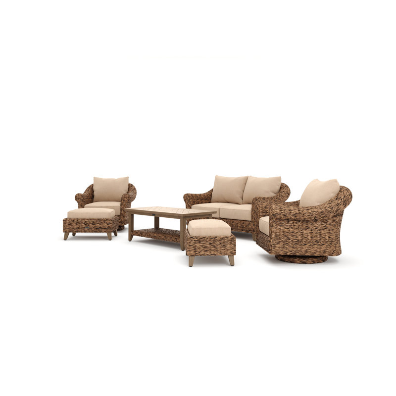 Heritage Brown Wicker 6-Piece Outdoor Seating Set with Beige Cushions