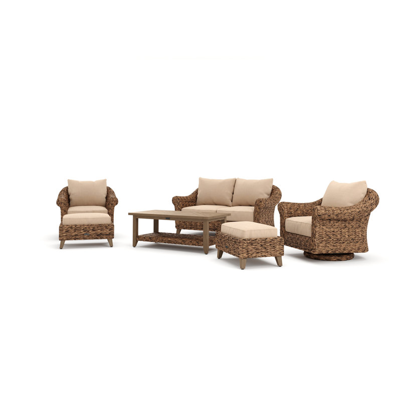 Heritage Brown Wicker 6-Piece Outdoor Seating Set with Beige Cushions