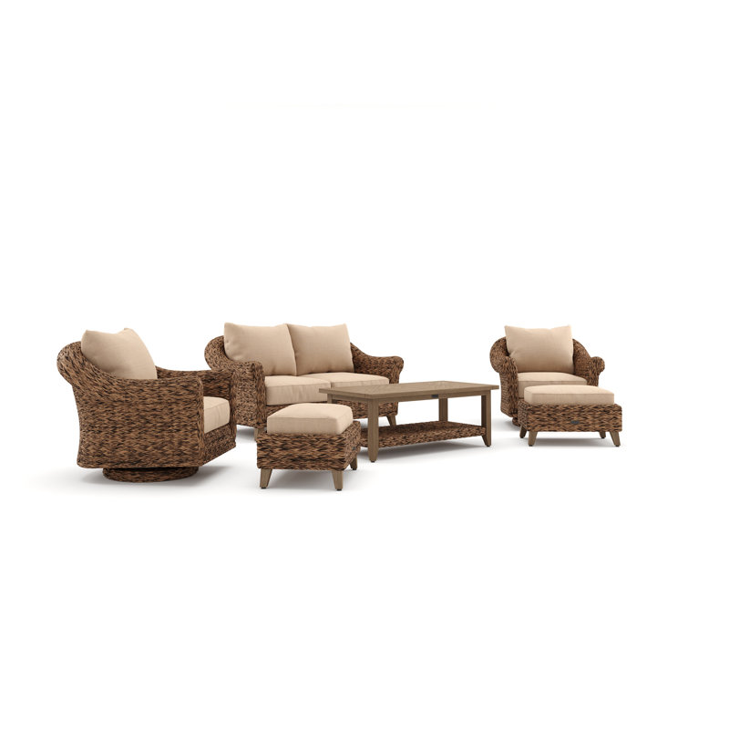 Heritage Brown Wicker 6-Piece Outdoor Seating Set with Beige Cushions