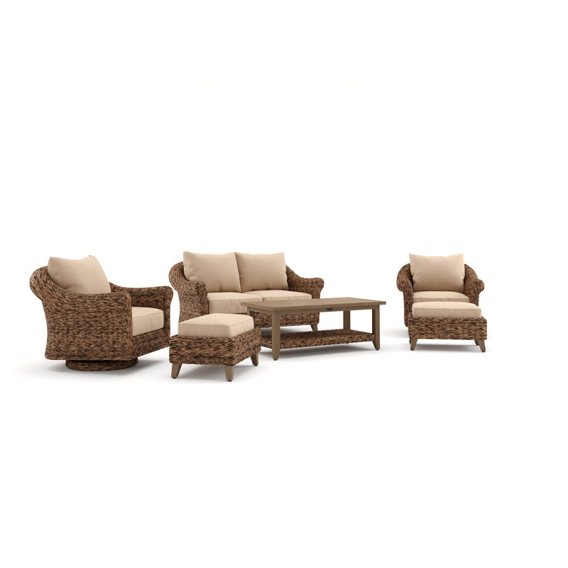 Heritage Brown Wicker 6-Piece Outdoor Seating Set with Beige Cushions