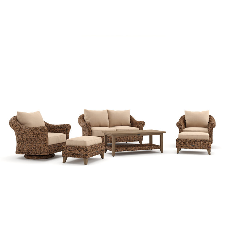 Heritage Brown Wicker 6-Piece Outdoor Seating Set with Beige Cushions