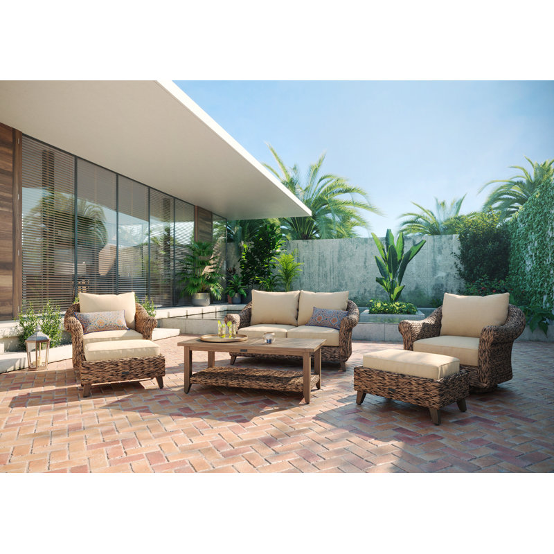 Heritage Brown Wicker 6-Piece Outdoor Seating Set with Beige Cushions