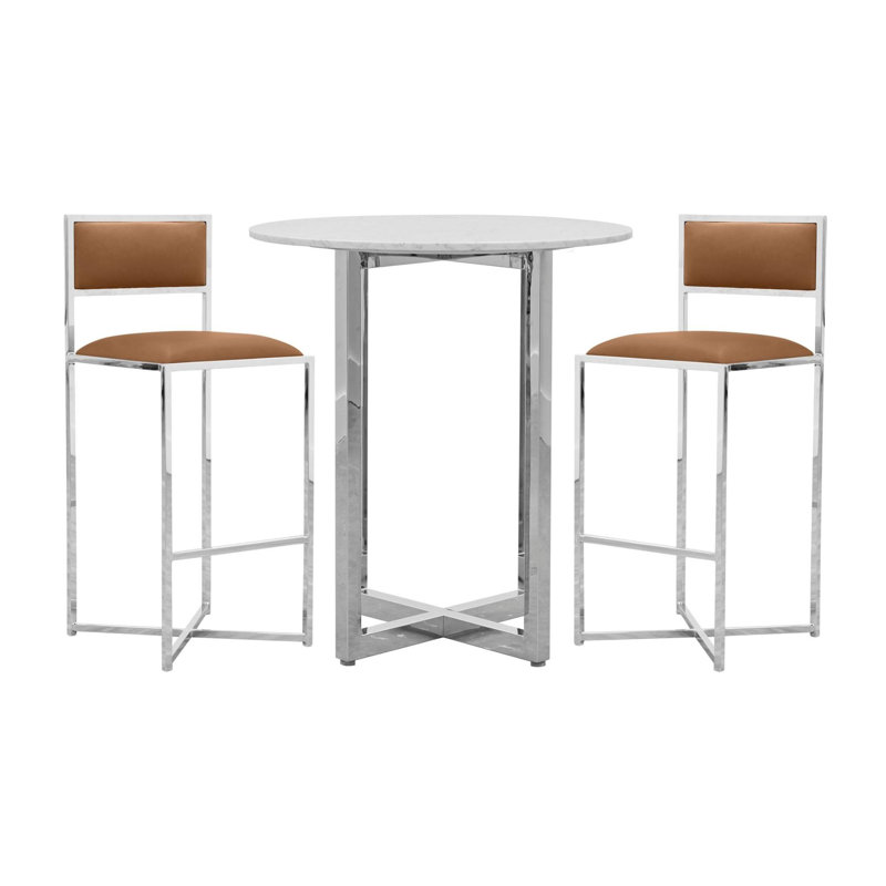 Cognac Faux Leather and Chrome Bar Stool Set