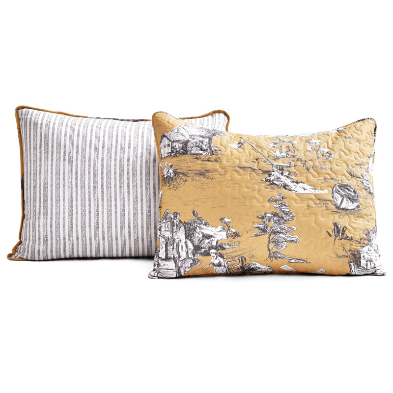 French Country Toile Yellow & White Cotton Full Quilt Set