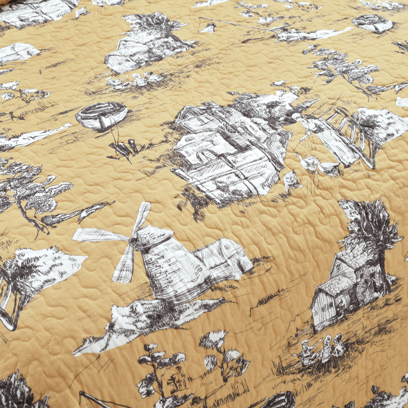 French Country Toile Yellow & White Cotton Full Quilt Set
