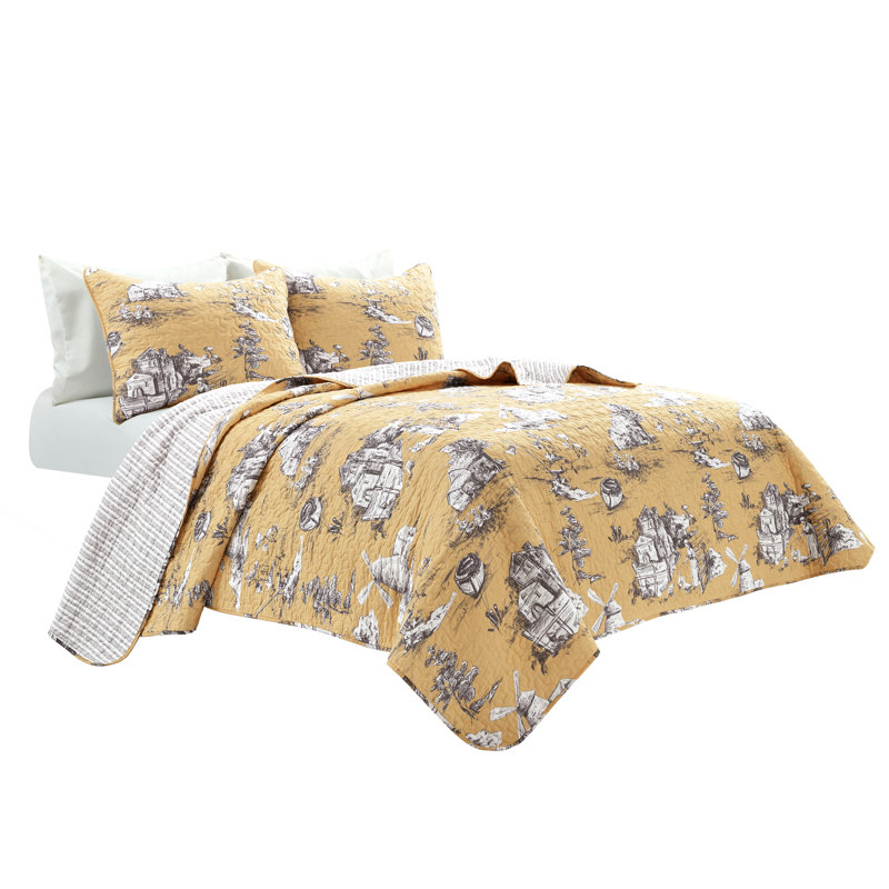 French Country Toile Yellow & White Cotton Full Quilt Set