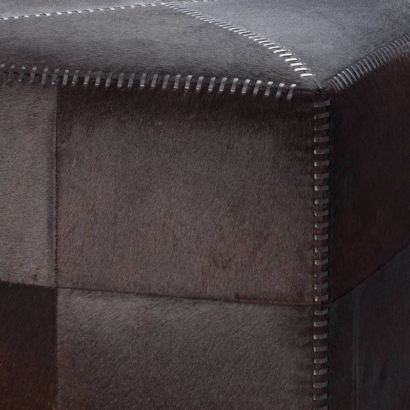 Contemporary Stitched Dark Brown Leather Pouf Ottoman