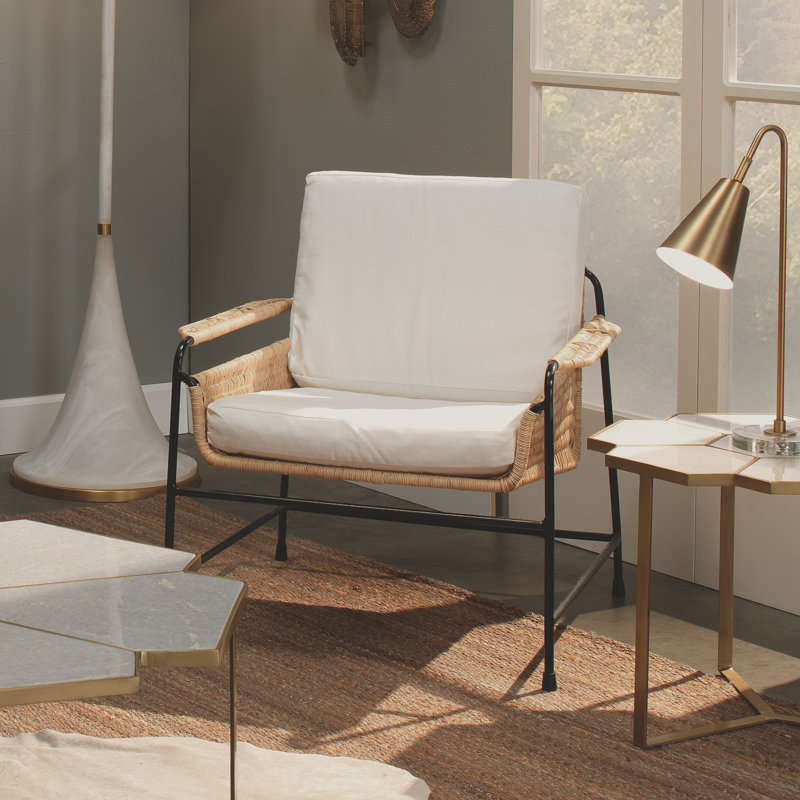 Coastal Contemporary White Rattan and Metal Accent Chair