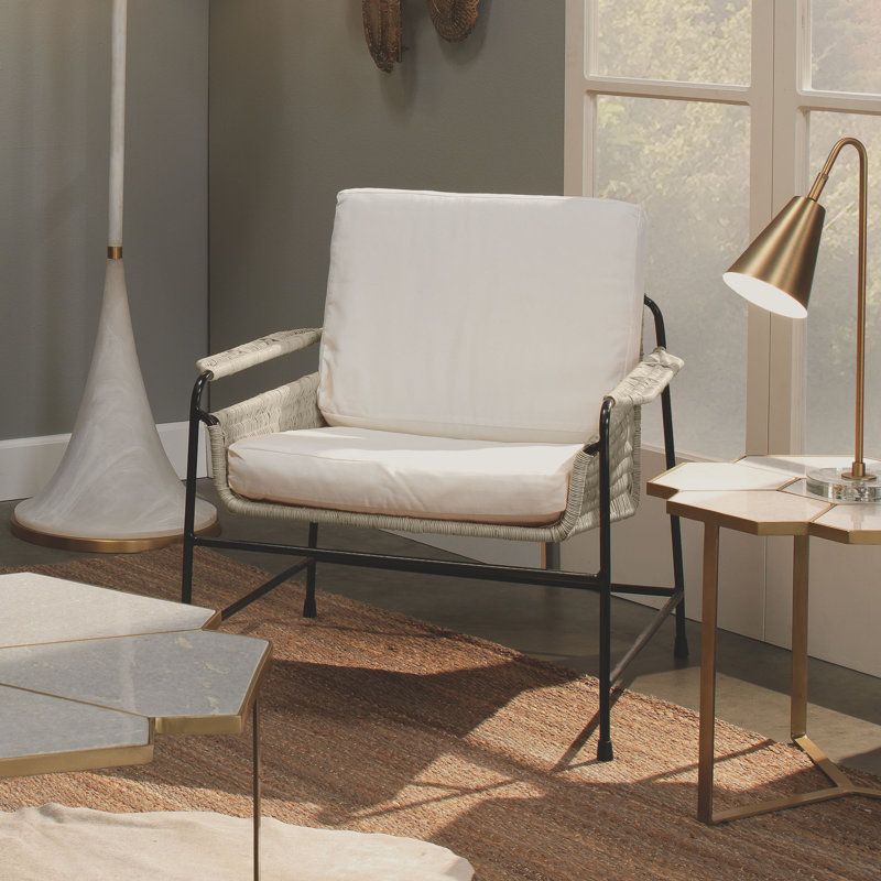Coastal Contemporary White Rattan and Metal Accent Chair