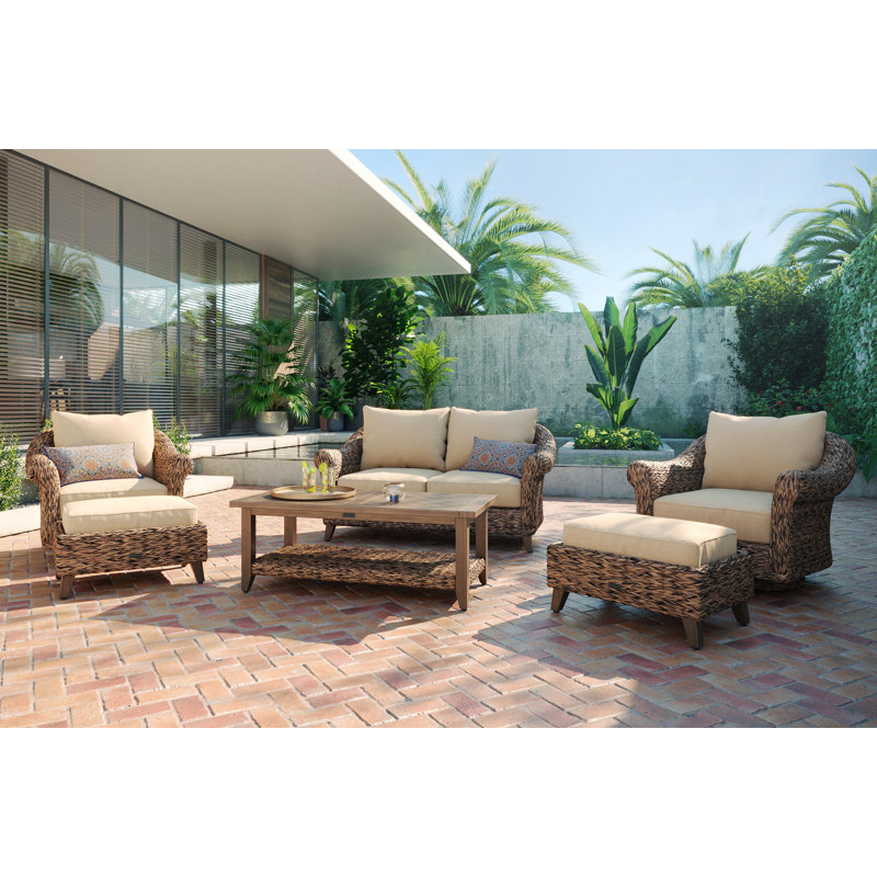 Heritage Brown Wicker 6-Piece Outdoor Seating Set with Beige Cushions