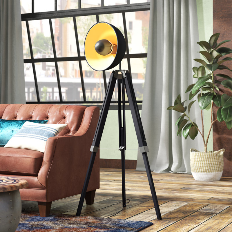 Black Adjustable Industrial Tripod Floor Lamp with Gold Interior