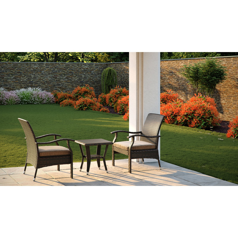 Mocha Resin Wicker 3-Piece Patio Conversation Set with Beige Cushions