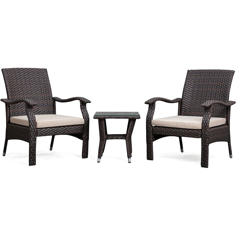 Mocha Resin Wicker 3-Piece Patio Conversation Set with Beige Cushions