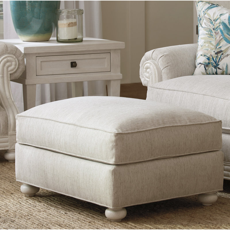 White Polyester Blend Coastal Ottoman with Mahogany Legs