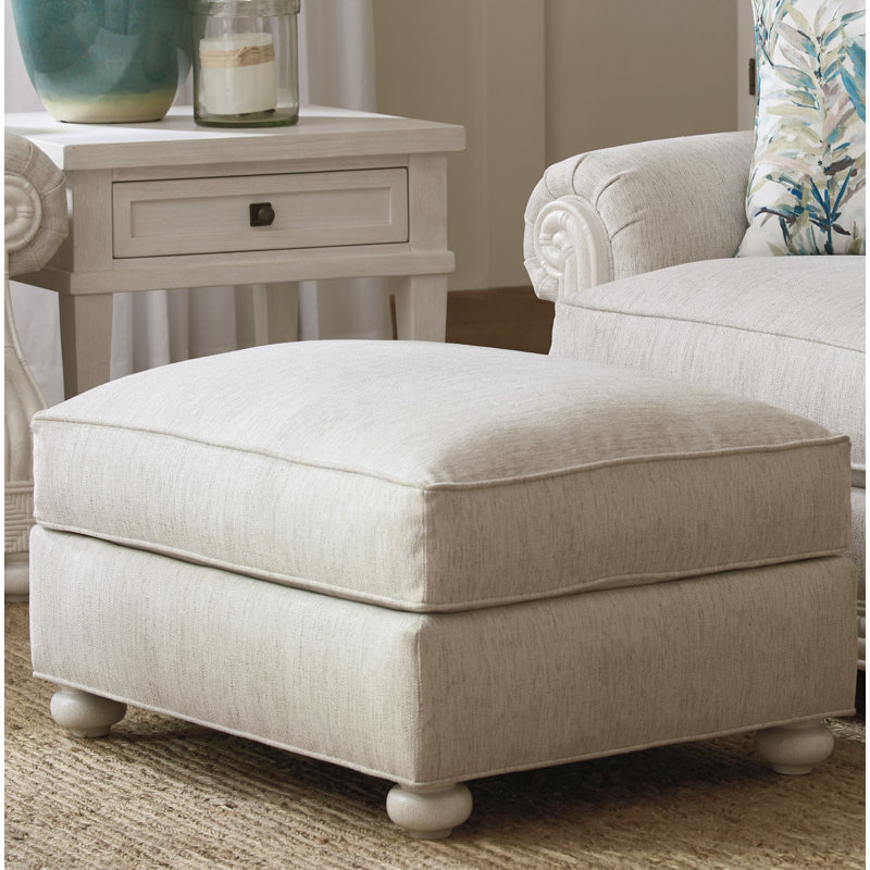 White Polyester Blend Coastal Ottoman with Mahogany Legs