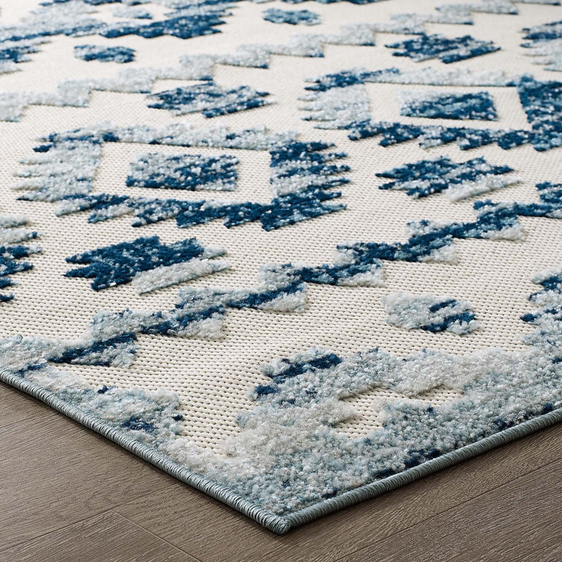 Ivory and Blue Trellis 8' x 10' Synthetic Easy-Care Area Rug