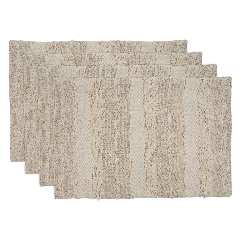 Ivory and Beige Cotton Fringe Stripe Placemats, Set of 4