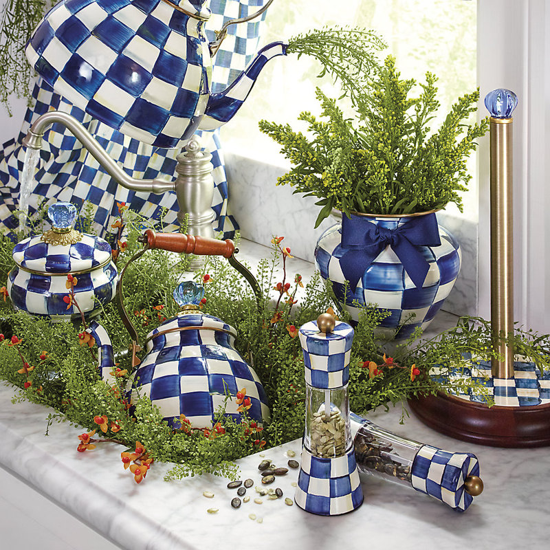 Royal Blue Check Enamel Squashed Pot with Glass Knob, 20 oz