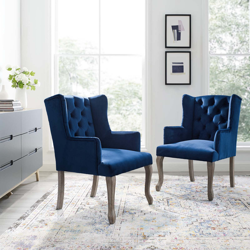 Chic Navy Velvet Upholstered Wingback Armchair with Weathered Wood Legs