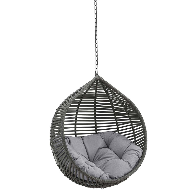 Teardrop Gray Wicker Rattan Hanging Chair with Tufted Cushion