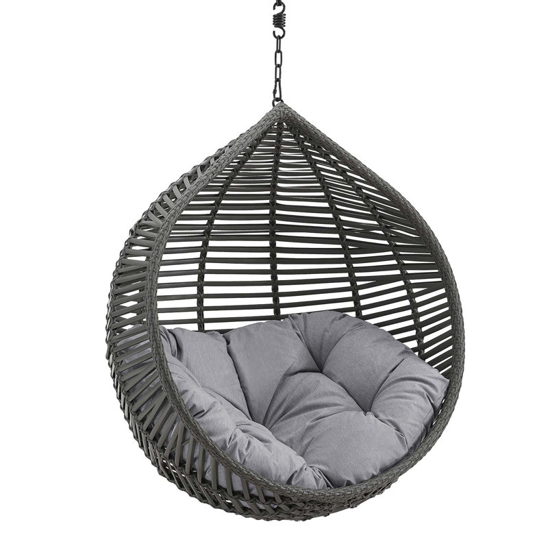 Teardrop Gray Wicker Rattan Hanging Chair with Tufted Cushion
