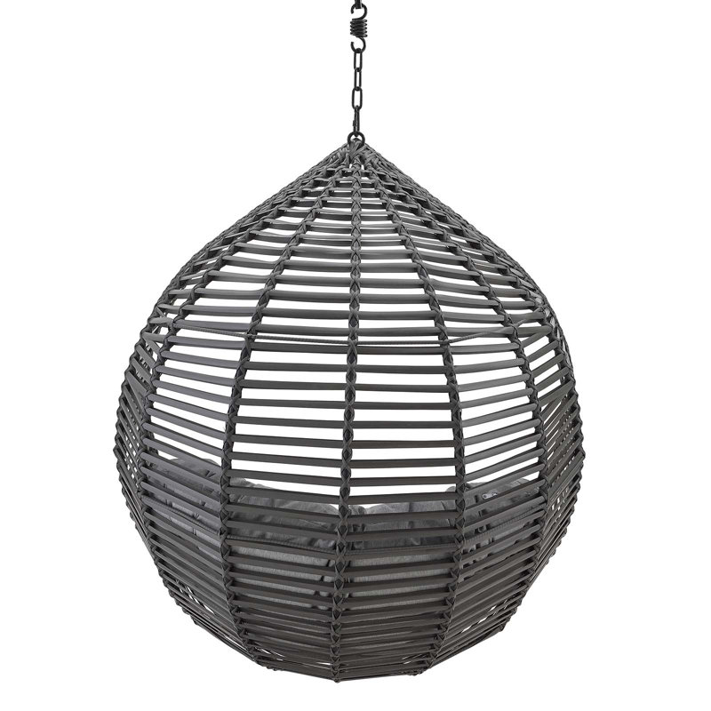 Teardrop Gray Wicker Rattan Hanging Chair with Tufted Cushion