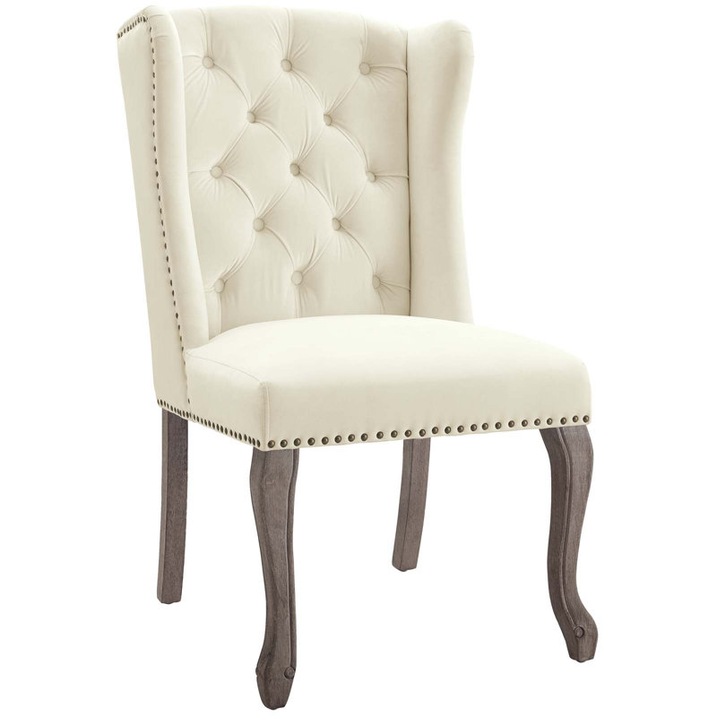 Ivory Velvet Upholstered Side Chair with Wood Legs