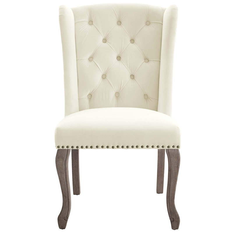 Ivory Velvet Upholstered Side Chair with Wood Legs