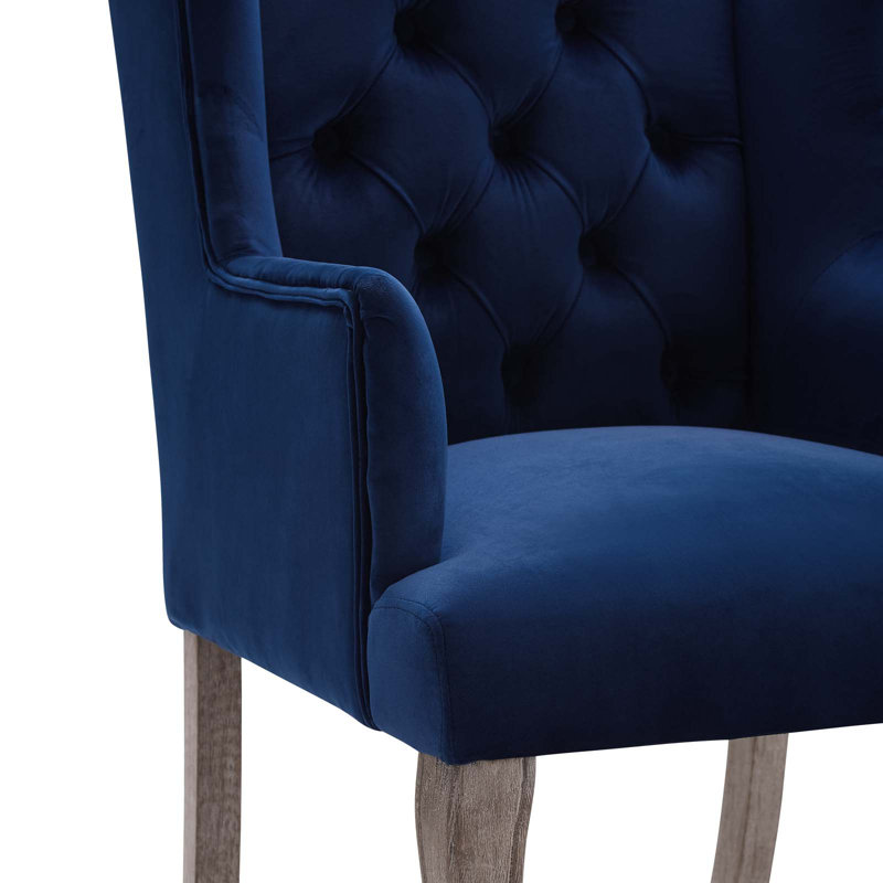 Chic Navy Velvet Upholstered Wingback Armchair with Weathered Wood Legs