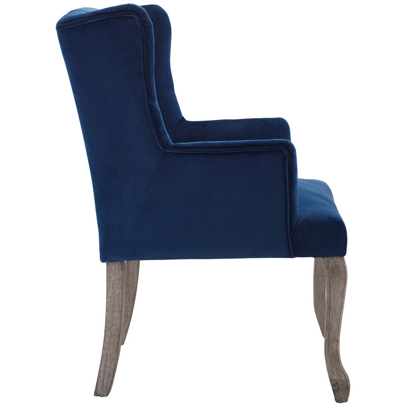 Chic Navy Velvet Upholstered Wingback Armchair with Weathered Wood Legs