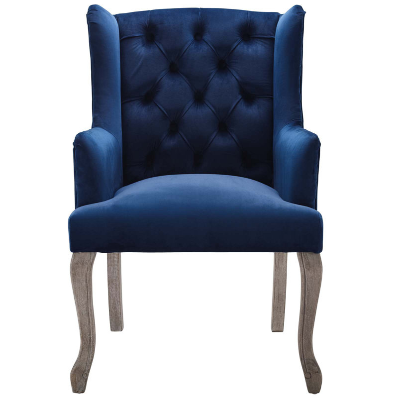 Chic Navy Velvet Upholstered Wingback Armchair with Weathered Wood Legs