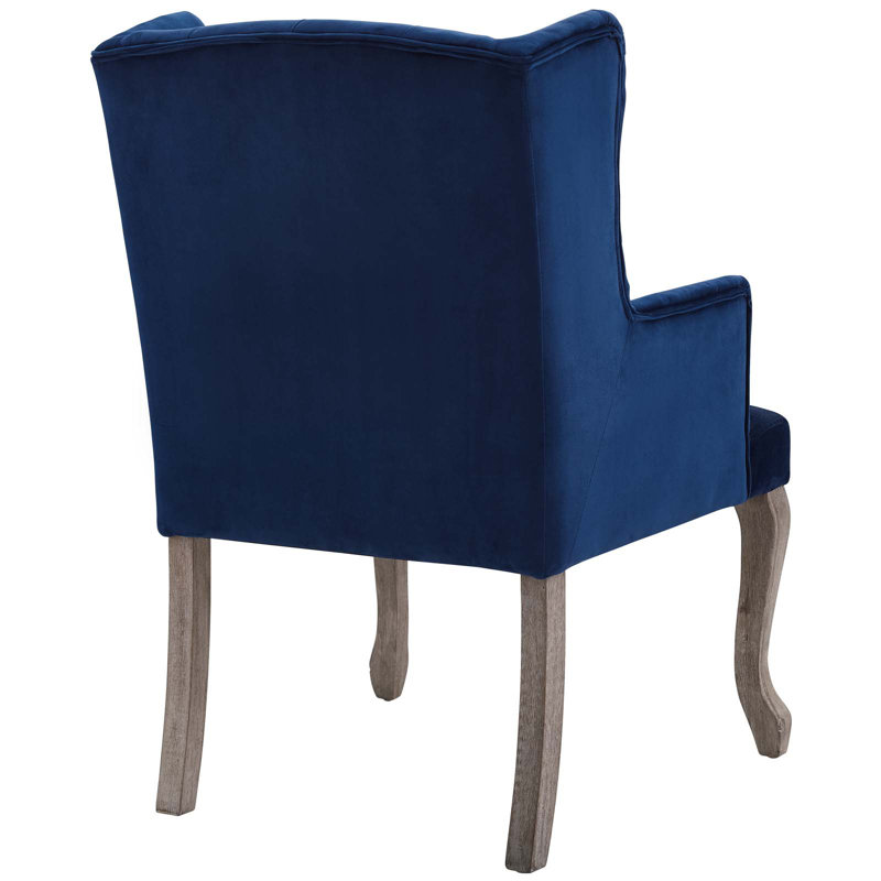 Chic Navy Velvet Upholstered Wingback Armchair with Weathered Wood Legs