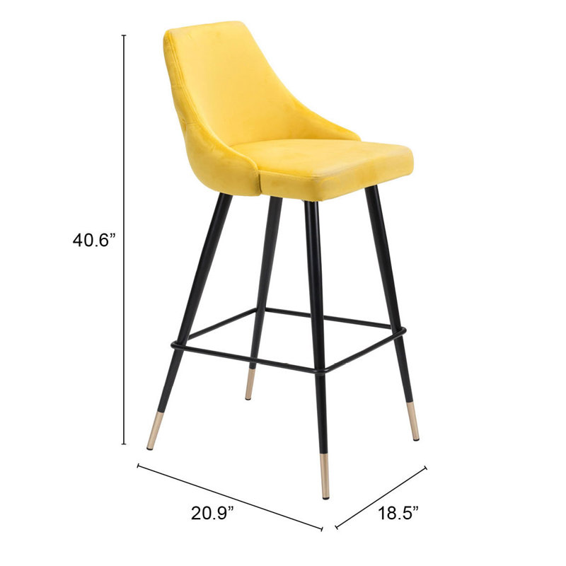 Yellow Velvet and Metal Counter Stool with Tapered Back