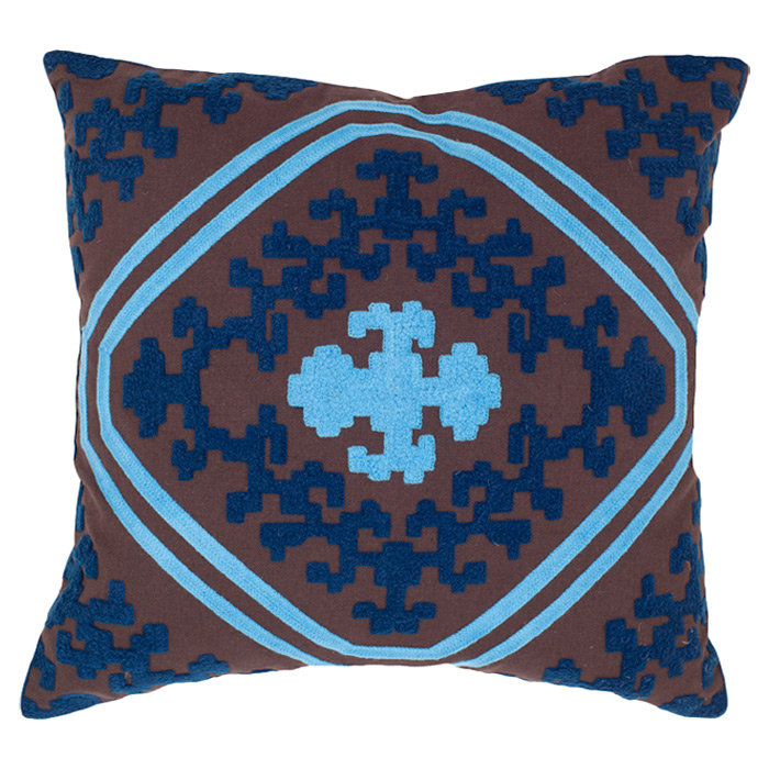 Indigo and Chocolate Ikat Embroidered Cotton Square Pillow Set